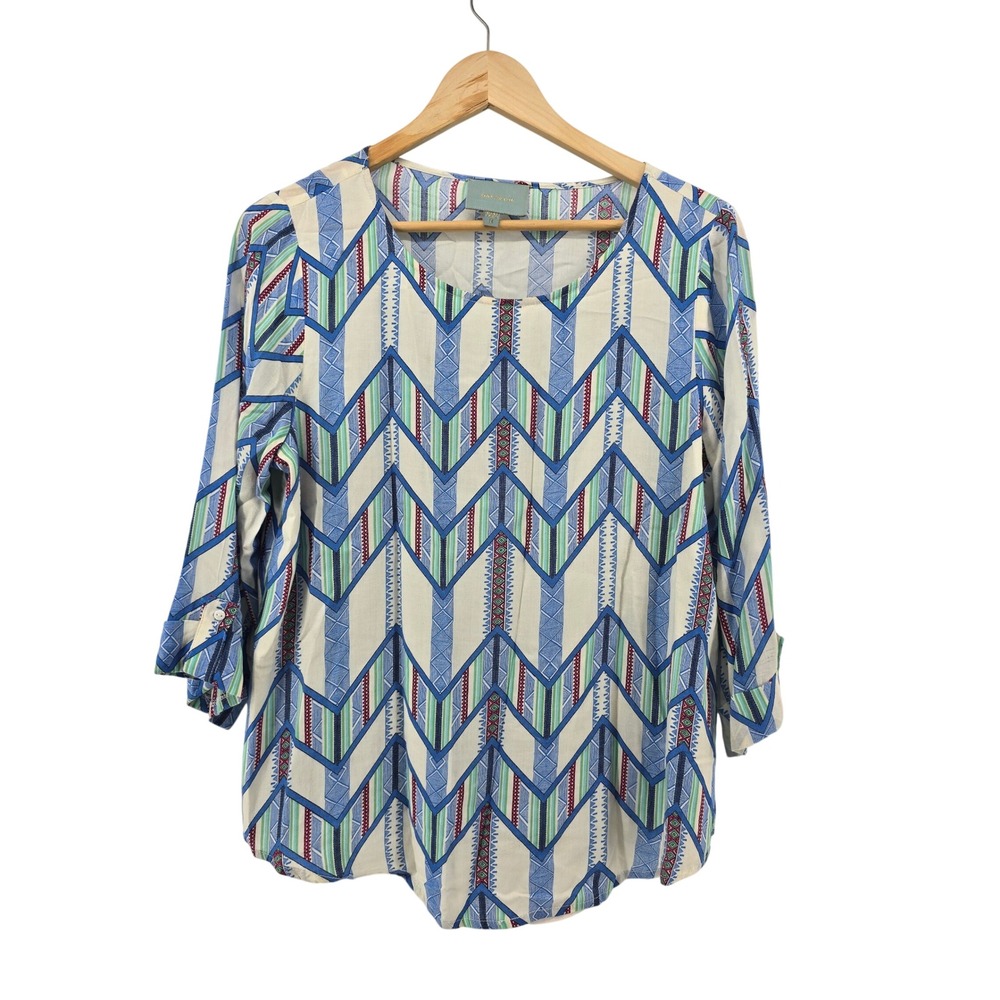 Skies Are Blue Blouse Womens Medium Blue Geometric Chevron 3/4 Sleeve Boho Top